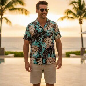 NWT Margaritaville Men’s Hawaiian Shirt Teal & Tan Tropical Leaf Print Resort